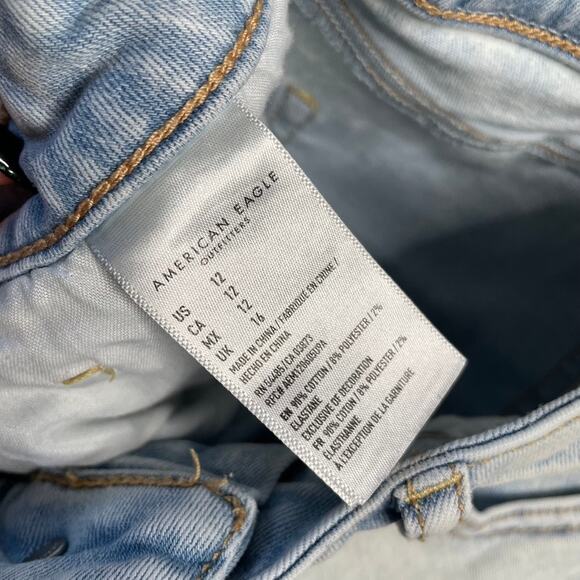 AMERICAN EAGLE Super Hi Rise Shortie 12 Denim Jean Shorts Blue Distressed - Picture 4 of 5